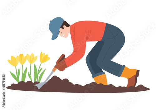 Happy man digging soil with hand rake near yellow tulips vector illustration isolated on white background gardening planting spring farming hobby and