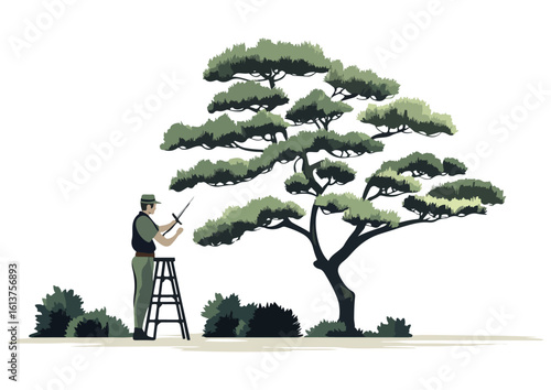 Gardener pruning a tree with pruning shears standing on a ladder in a garden landscape vector illustration isolated on a white background concept for gardening