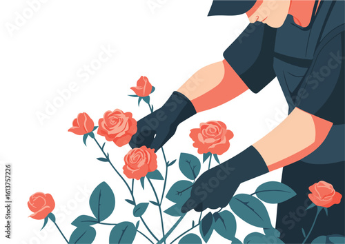 Gardener in black gloves caring for rose bushes pruning flowers vector illustration isolated on white background concepts of gardening hobby growing roses