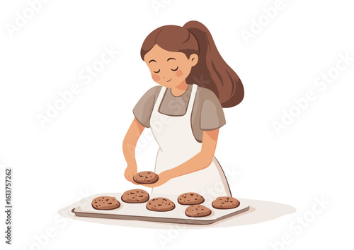 Young woman baking chocolate chip cookies vector illustration isolated on white background perfect for bakery logo menu design website and social media posts
