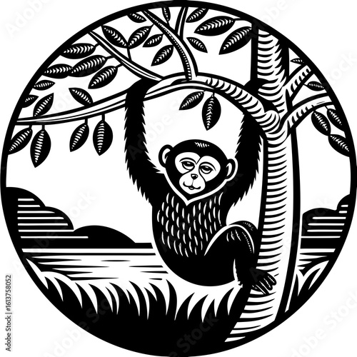 Monkey Silhouette Hanging from Tree Under Orange Sky