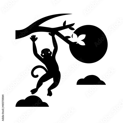 Monkey Silhouette Hanging from Tree Under Orange Sky