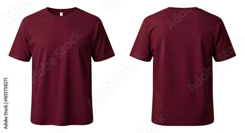 Maroon v neck t shirt front and back view isolated on transparent background
