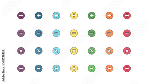 Mathematical Calculator Sign Icon Set including Plus Minus Divide Multiply Symbols. Vector Image.