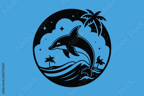 Dolphin jumping out of the water with palm trees and stars