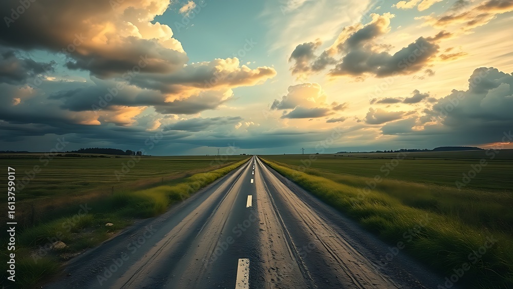 Naklejka premium A forked country road beneath a dramatic sky, symbolizing life's pivotal choices and paths.