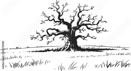 Silhouette of bent tree in field, lone tree illustration, countryside landscape vector art, nature scene sketch, detailed tree silhouette drawing