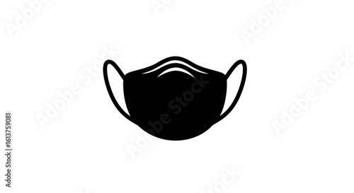 Safety Icon: A stark, black illustration of a protective face mask, isolated on a pure backdrop, representing health security and sanitary measures.