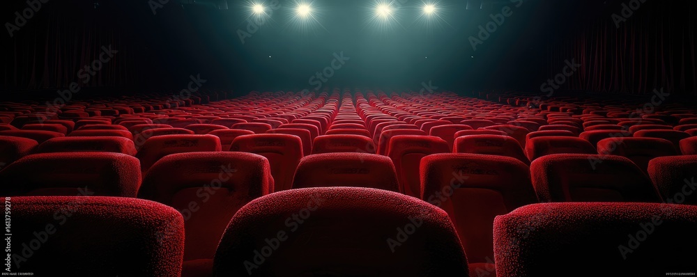 Fototapeta premium Empty movie theater seats, a dark hall, spotlights
