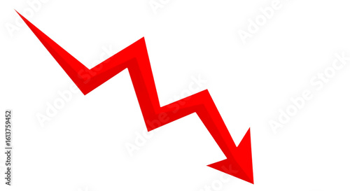 A bright red lightning bolt shape pointing downwards indicating a sharp decline or crisis isolated on transparent background