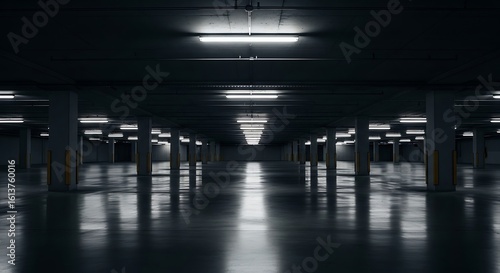 Empty underground parking garage illuminated by fluorescent lights, creating a dark and reflective interior space.