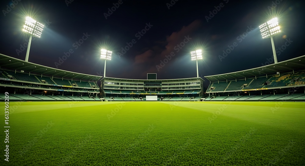 Fototapeta premium Illuminated cricket stadium at night featuring bright stadium lights