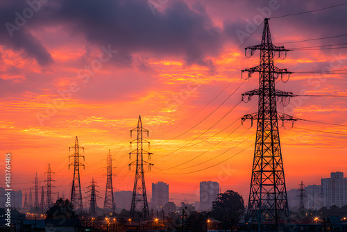 Silhouettes of high voltage towers with electrical wires on background of sunset sky. Electricity transmission lines in city, power supply concept