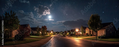 Suburban street at night under a full moon