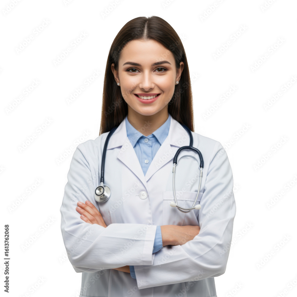 Smiling young female doctor wearing a white lab coat and stethoscope with arms crossed isolated on transparent background Smiling young female doctor wearing a white lab coat and stethoscope with arms crossed isolated on transparent background