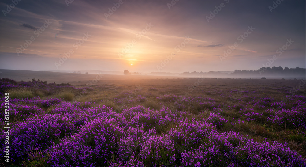 Naklejka premium Lavender fields during sunrise with mist and soft light casting a serene atmosphere across the landscape