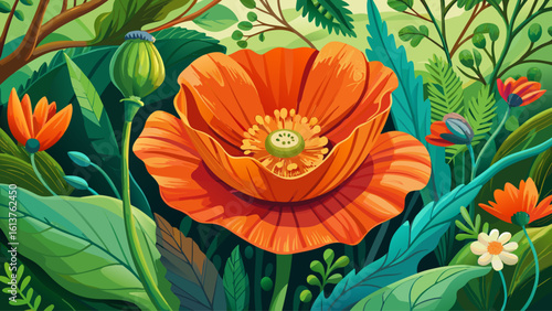Vibrant Orange Poppy Flower Surrounded by Buds in a Lush Garden Setting Perfect for Nature and Floral Themes