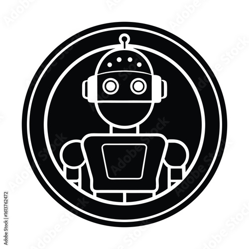 Retro Robot Icon Black and White Design Digital Art on White Background
