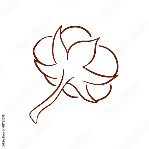 Simple line art style logo of a cotton boll with stem isolated on white background. Ideal for textile industry, organic product, label, eco design and botanical illustration.