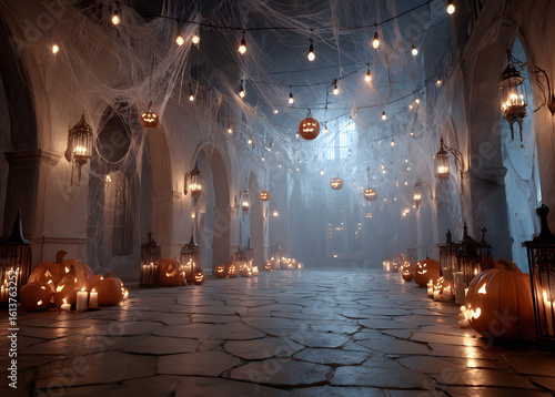 Wallpaper Mural Spooky halloween party in a haunted castle with dancing figures jack o lanterns cobwebs and eerie lights Torontodigital.ca