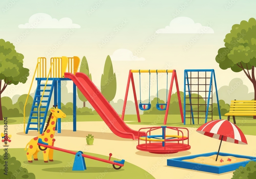 Fototapeta premium Flat illustration of a vibrant playground scene with various equipment including a slide, swings, seesaw, and a giraffe toy