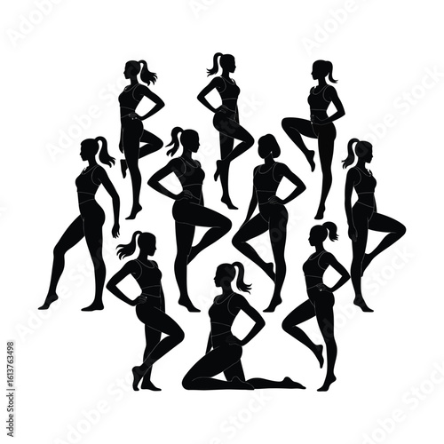 Vector set of female fitness silhouettes in various athletic workout and stretching poses on a white background.