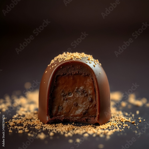 Chocolate praline with edible gold on dark brown background in low key