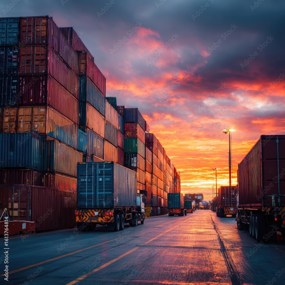 Fototapeta premium Container ship terminal at sunset