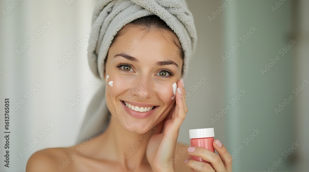 Smiling Woman Applying Face Cream After Shower Smiling Woman Applying Face Cream After Shower