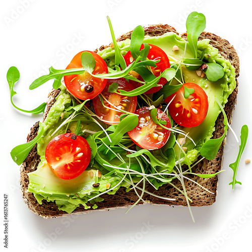 Avocado Toast Topped with Cherry Tomatoes and Arugula