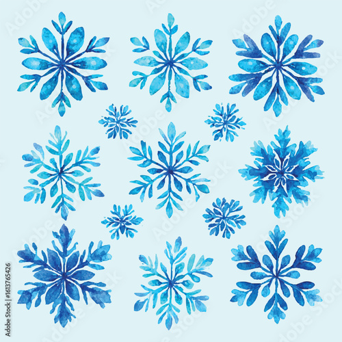 Watercolor set of blue ice snowflakes. Cute collection of snowflakes on isolated background. Natural winter elements. Clipart for Christmas, New Year and winter designs. Vector illustration.