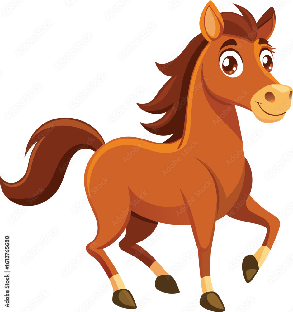 A cute brown cartoon horse vector illustration, isolated on white, shows a running farm animal with a flowing mane and tail A cute brown cartoon horse vector illustration, isolated on white, shows a running farm animal with a flowing mane and tail