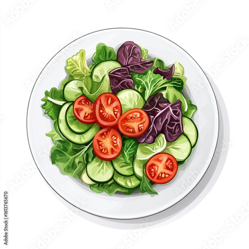 A crisp white bowl overflowing with a vibrant, fresh garden salad featuring green lettuce, red tomatoes, purple onions, and cucumber slices.