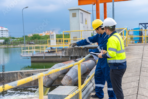 Cuadro en lienzo Environmental engineers work at wastewater treatment plants,Water supply engineering working at Water recycling plant for reuse,Technicians and engineers discuss work together