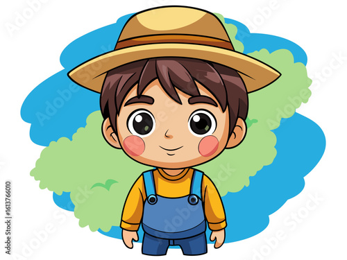 Cute Watercolor Cartoon Farmer Kid Character Illustration