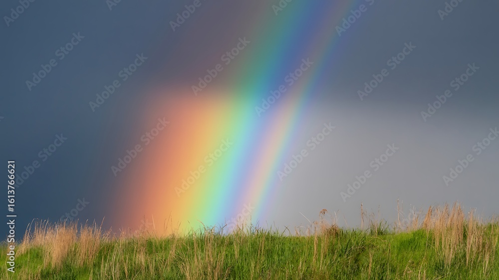 Naklejka premium Vibrant Rainbow Arching Over Grassy Horizon colors