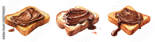 Watercolor set of toasts with chocolate spread png. Pieces of white toast bread spread with chocolate spread. Breakfast concept. Vector illustration.