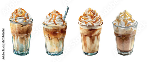 Watercolor set of frappuccinos. A glass of coffee decorated with a whipped cream cap and drizzled with salted caramel. Delicious coffee drinks. Elements for a summer coffee menu. Vector illustration.