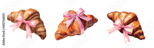 Set of croissants decorated with a pink satin ribbon bow. Watercolor croissants. Aesthetic coquette. Aesthetic desserts and pastries. Vector illustration.