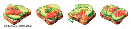 Watercolor set of avocado and salmon toasts. White bread toasts spread with cottage cheese with salmon and avocado slices decorated with a slice of lime. Healthy breakfast concept.