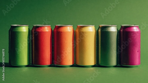 Six Vibrant Beverage Cans Lined Up on Green Background