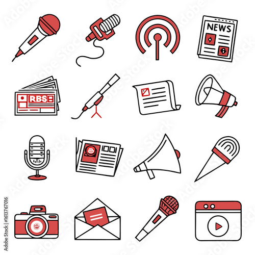 Illustration of various media related icons including microphones, cameras, and news publications in red and black