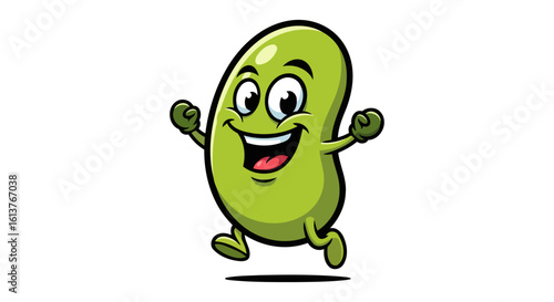 happy green bean cartoon character running isolated