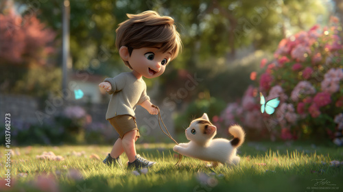 cheerful child teaches playful kitten to walk on rope in sunny park