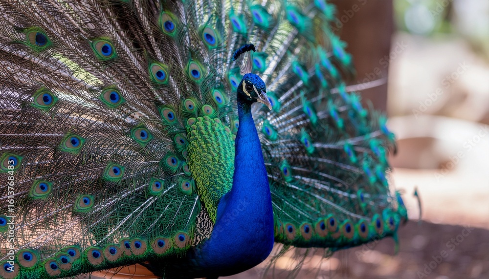 Obraz premium Close Range Portrait of a Peacock Fully Fanned Out in Brilliant Detail
