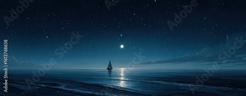 Starry night sea with sailboat