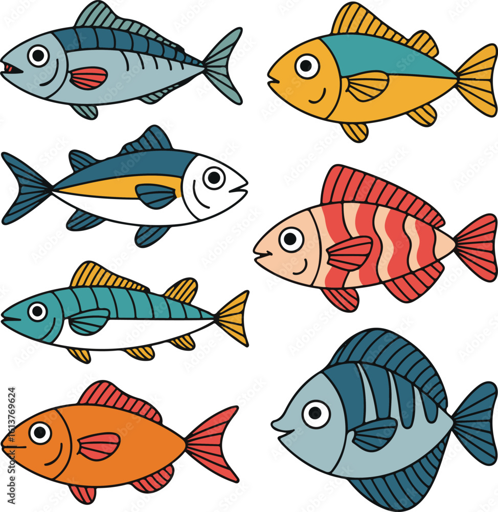 Fototapeta premium Crayon Fish Stickers – Colorful Kid-Drawn Sardines & Tuna Doodle Set