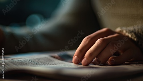 Close-up of a person reading a newspaper at night