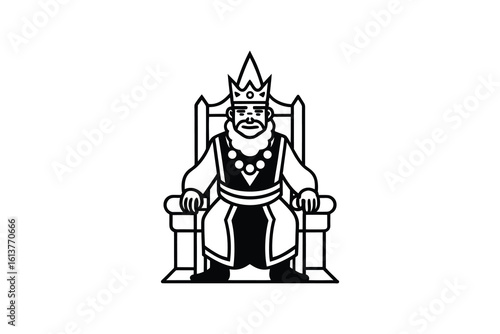 King Sitting on Throne with Crown and Beard in Black and White Silhouette regal king sits