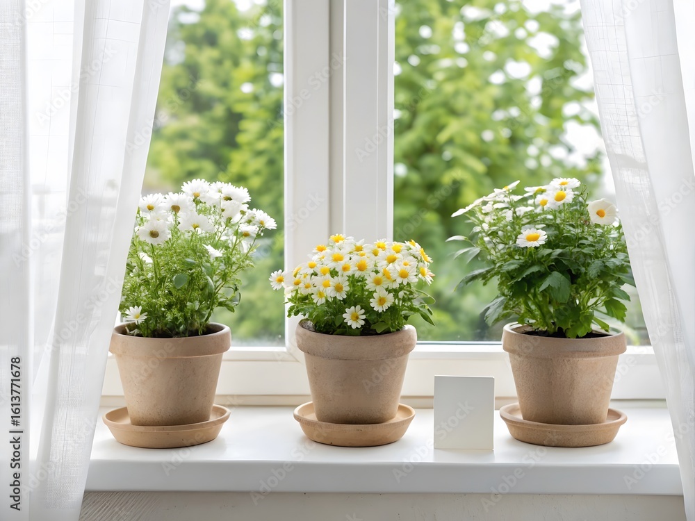 Fototapeta premium Photo of three potted daisy flowers on a windowsill